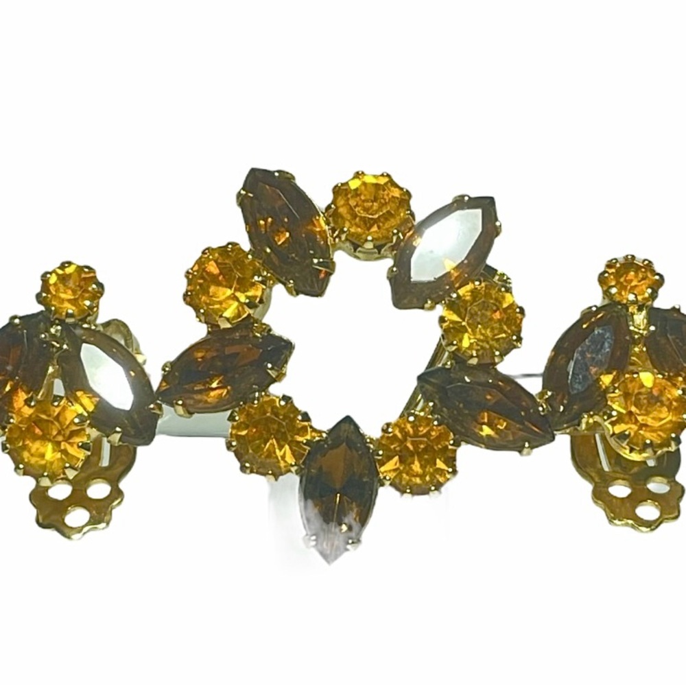 Carnelian & Citrine Color Goldtone Rhinestones Brooch Matching Clip On Earrings